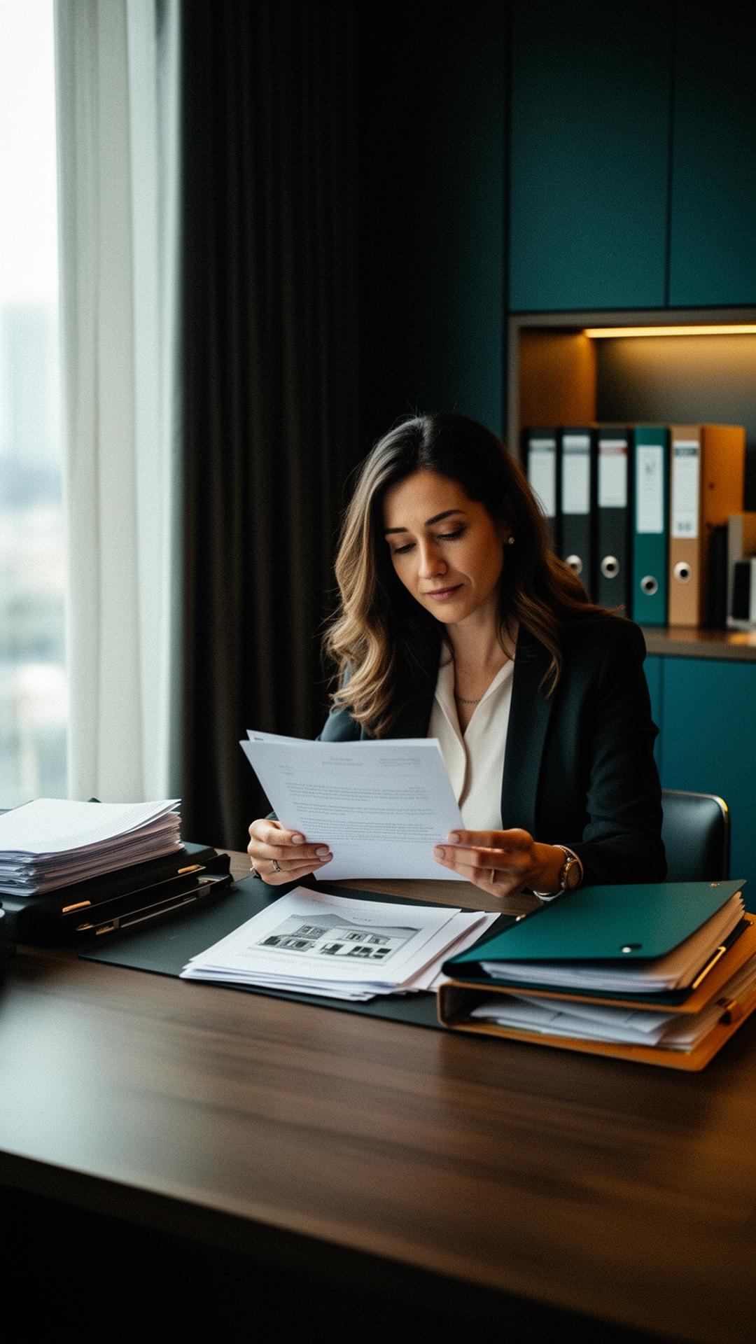A calm professional reviewing estate documents at a quiet desk